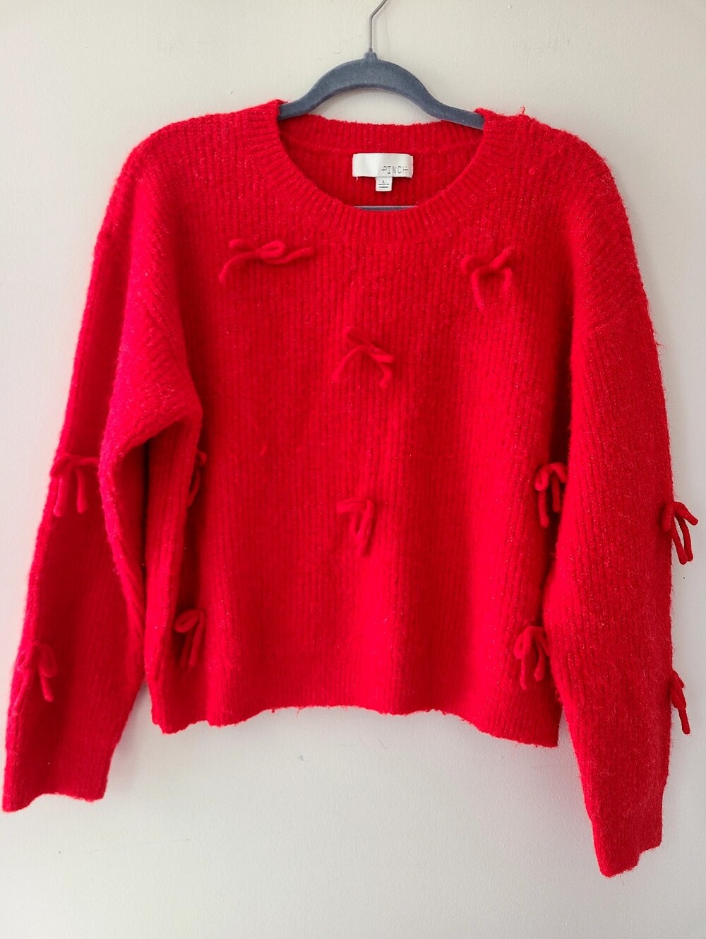 PINCH Red Bow Detail Fuzzy Knit Sweater Size L Coquette